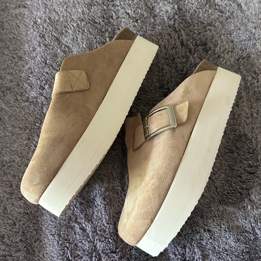 Madden Girl Beige Suede Buckle Clogs - Picture 3 of 6
